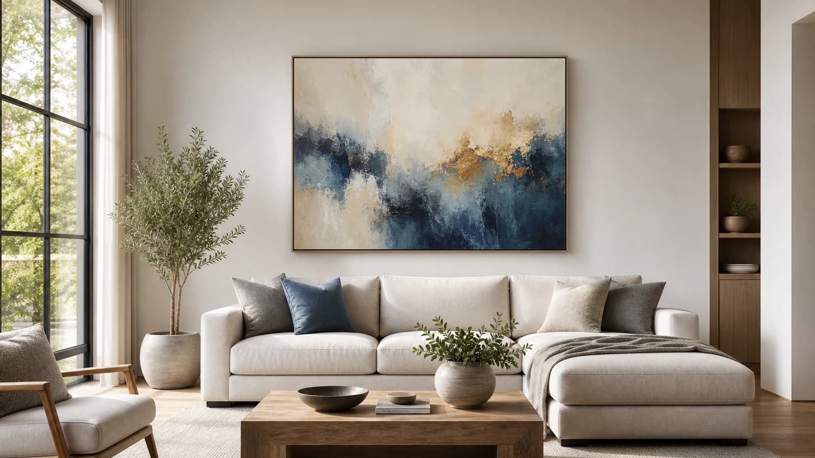 Modern living room with a painting hung at eye level above a sofa.