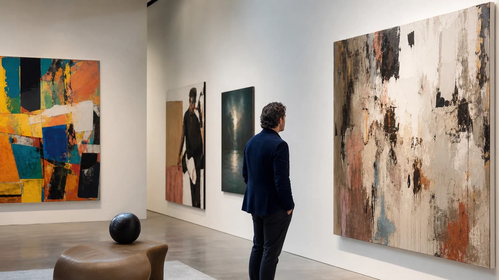 Art collector in a gallery viewing contemporary paintings by emerging and established artists.
